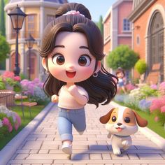 a cartoon girl is walking with her dog in the middle of a sidewalk and flowers on both sides