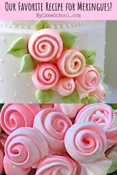 pink and white flowers on top of a cake with the words our favorite recipe for meringue