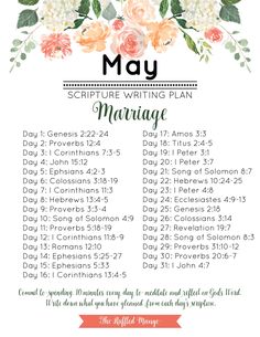 the marriage schedule for may, with flowers and leaves on it in pinks and oranges