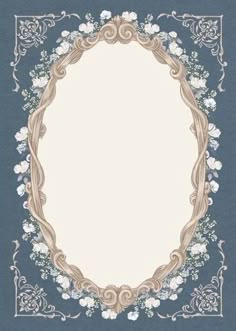 an ornate frame with white flowers and leaves on a blue background, in the shape of a circle