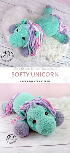 a stuffed animal that is laying down on the floor with text overlay reading softy unicorn free crochet pattern