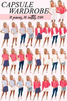 Light Summer Capsule Wardrobe, Travel Capsule Wardrobe Spring, Preppy Capsule Wardrobe, Pink Cardigan Outfit, Clothes Capsule Wardrobe, Summer Packing, Outfit Inspiration Women, Jeans And Wedges