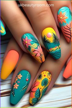 Summer nail designs are all about embracing bright colors, fun patterns, and playful accents. Popular summer nail trends include vibrant shades like coral, turquoise, and neon hues, reminiscent of sunny beach days and tropical getaways! Edgy, classy, fun, elegant, funky, natural nails, acrylic, gel nails, dip nails, nail extensions, oval, squoval, square, almond, round, cute, simple, bright, ideas, short, easy, pink, blue, french tip. Tropical Nail Designs Almond, Fun Bright Nail Designs, Cute Summer Nails Acrylics, Cute Summer Nails Square, Cute Summer Nails Simple, Cute Summer Nails Almond, Cute Summer Nails Short, Cute Summer Nails Coffin, Tropical Nail Art