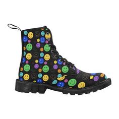 Smiley Face Women's Black Martin Boots | BigTexFunkadelic |     #BigTexFunkadelic #womens #boots #shoes #style #alternative Spring Grunge Streetwear Boots, Spring Punk Combat Boots For Streetwear, Casual Multicolor Lace-up Boots With Round Toe, Black High-top Festival Boots, High-top Black Boots For Festival, Trendy Black Festival Boots, Black High-top Boots For Festival, Casual Multicolor Winter Boots, Multicolor Round Toe Boots For Streetwear