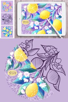 botanical illustration procreate, fruit illustration, bold yellow lemons on a purple violet background, noise texture; Skillshare course Illustration For Beginners, Color Palette Bold, Inking Drawing, Noise Texture, Inspiration Typographie