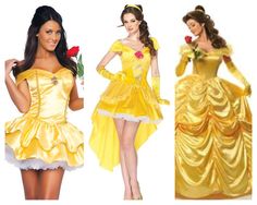 three women dressed in costumes from beauty and the beast to snow white, one wearing a yellow dress