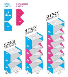 three stacks of different colored boxes next to each other with the same number on them