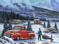 an old red truck is carrying a christmas tree in the snow with two people standing next to it