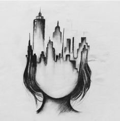 a drawing of a woman's head with buildings in the background