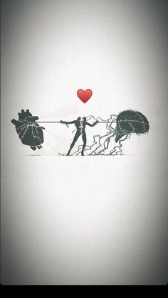 a drawing of two people pulling a red heart on a string with the other hand