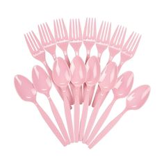 a bunch of pink plastic spoons and forks