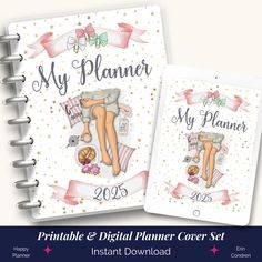 two planner pages with the words, my planner and an image of a woman laying on her back