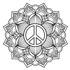 a black and white drawing of a peace sign in the middle of a flower design