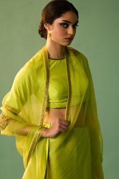 Lime green habutai silk and organza saree with dori, marori and zardosi hand embroidery. - Aza Fashions Pista Green Cotton Silk Pre-draped Saree For Wedding, Green Blouse Piece For Wedding And Transitional Season, Pista Green Cotton Silk Blouse Piece For Wedding, Wedding Blouse Piece In Pista Green Cotton Silk, Green Silk Choli With Dupatta, Silk Green Choli With Sheer Dupatta, Green Organza Sets For Transitional Season, Wedding Green Blouse Piece With Sheer Dupatta, Green Pre-draped Saree With Sheer Dupatta For Eid