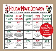 a christmas movie calendar with the words, holiday movies and numbers to print on it