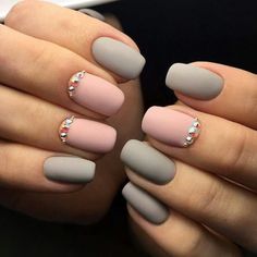 Uñas Grey Matte Nails, Matte Nail Art, Squoval Nails, Pink Gel Nails, Gray Nails, Pink Nail, Nails Gel, Gel Nail Art