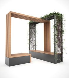 an empty wooden bench sitting in front of a mirror with plants growing out of it