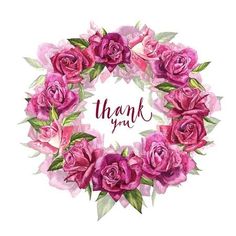 a watercolor wreath with pink flowers and the words thank you written in red ink