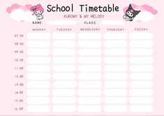 a school timetable is shown with pink clouds and cats on the top, in front of a