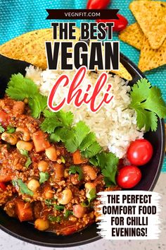 2 pictures showing Vegan bean chili served with rice, cilantro, nachos, and tomatoes. Chili Recipe Sweet Potato, Chili Recipe Sweet, Best Vegetarian Chili Recipe, Best Vegetarian Chili, Sweet Potato Chili Recipe, One Pot Vegetarian Recipes, Easy Vegan Chili, Best Vegan Chili, Meatless Chili