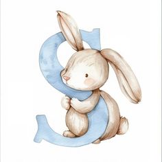 a watercolor painting of a rabbit holding the letter q in blue and white colors