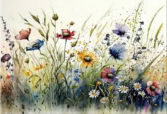 an artistic painting of flowers and grass