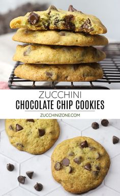 zucchini chocolate chip cookies stacked on top of each other with the words zucchini above them