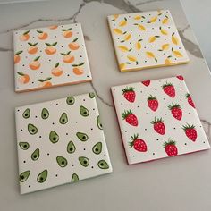 Hand Painted Fruit coasters coated in Resin Paint Coaster Ideas, Fruit Coasters Paint, Ceramic Coasters Painted, Tile Coaster Ideas, Ceramic Fruit Coasters, Handpainted Coasters Ideas