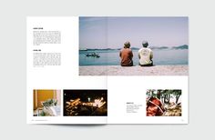 an open book with pictures of people sitting on the beach and looking out at the water