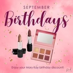 a pink birthday card with lipstick and makeup