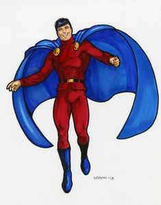 a drawing of a man in a red suit and blue cape flying through the air