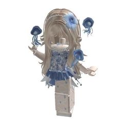 a paper doll with blue decorations on it's head and hands in the air