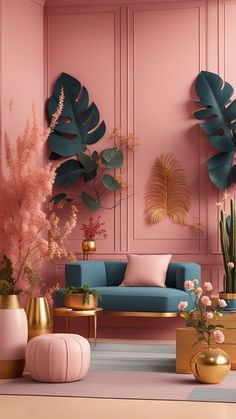 a living room with pink walls, blue couches and potted plants in gold vases