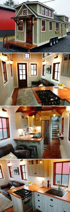 two pictures show the inside and outside of a tiny house