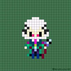 a pixellated image of a sheep wearing a colorful scarf on green background with black and white squares