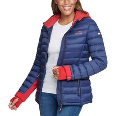 Colors: Blue (Navy/Crimson) Xs = 0-2 S = 4-6 | M = 8-10 | L = 12-14 Packable, Branded Packing Bag Included Knit Storm Cuff Branded Heat Seal Logo At Front Chest And Right Sleeve Signature Flag Detail At Zipper Pull, Back Hood, And Sleeve Cuff Contrast Color Zipper, Cuff, And Hoody Feature Branded Toggles At Hood Flattering Quilt Lines For Slimming Look Made In Vietnam Shell: 100% Nylon Contrast Shell At Sleeve: 91% Polyester | 9% Spandex Lining: 100% Nylon Fill: 100% Polyester Sporty Blue Tommy Hilfiger Outerwear, Fitted Blue Tommy Hilfiger Outerwear, Hooded Red Tommy Hilfiger Outerwear, Nylon Outerwear, Puffer Vest With Hood, Red Puffer Jacket, Black Quilted Jacket, Winter Puffer Coat, Fur Hood Jacket