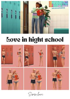 some animation characters are standing in front of lockers with their arms around each other and the caption reads love in high school