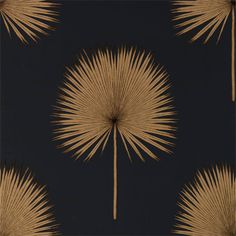 a black and gold wallpaper with palm leaves