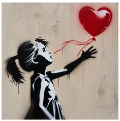 a painting of a girl holding a red heart balloon