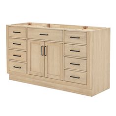 a bathroom vanity with two sinks and drawers on the top, in light wood finish