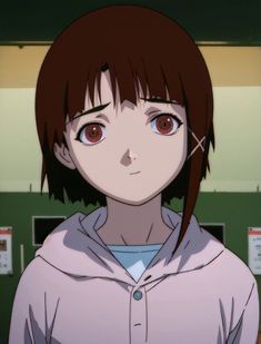 an anime character with brown hair and big eyes looking at the camera while wearing a hoodie