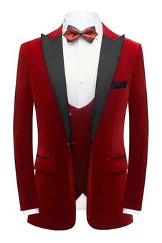 Red Tuxedo Style Three-piece Suit For Groom, Red Three-piece Suit With Notch Lapel For Groom, Red Notch Lapel Three-piece Suit For Groom, Fitted Red Three-piece Suit For Groom, Red Tuxedo Blazer For Party, Classic Red Suit For Party, Red Three-piece Suit With Suit Collar For Wedding, Fitted Velvet Suits For Wedding, Tailored Velvet Wedding Suit