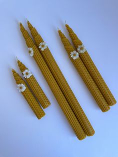 four pieces of yellow plastic with white flowers on them, sitting next to each other