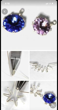 four pictures of different types of pendants with blue and purple stones on them,