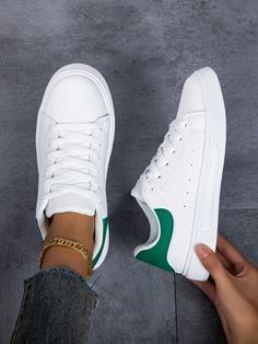 Women's White & Green Decorative Detail Lace-Up Skateboard Sneakers, Casual Sports Shoes Green Sporty    Plain    Women Shoes, size features are:Bust: ,Length: ,Sleeve Length: Green Plain, Shoes Green, Casual Sneakers Women, Casual Sport Shoes, Inspiration Mode, Casual Shoes Women, Skate Shoes, White Shoes, Sports Shoes