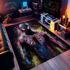 a living room filled with furniture and a spider man rug