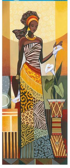 a painting of a woman holding a flower in her right hand and wearing an african headdress