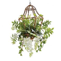 a hanging planter with white flowers and green leaves