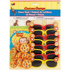 the curious george sunglasses are packaged in red, yellow and black frames with monkeys on them