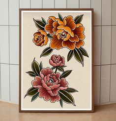 an art print with orange and pink flowers on white tile wall next to tiled walls